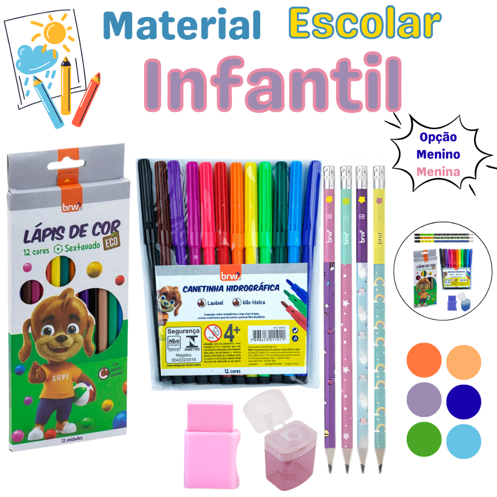 Kit Material Escolar Lápis de Cor - Lápis HB - Borracha - Apontador ...
