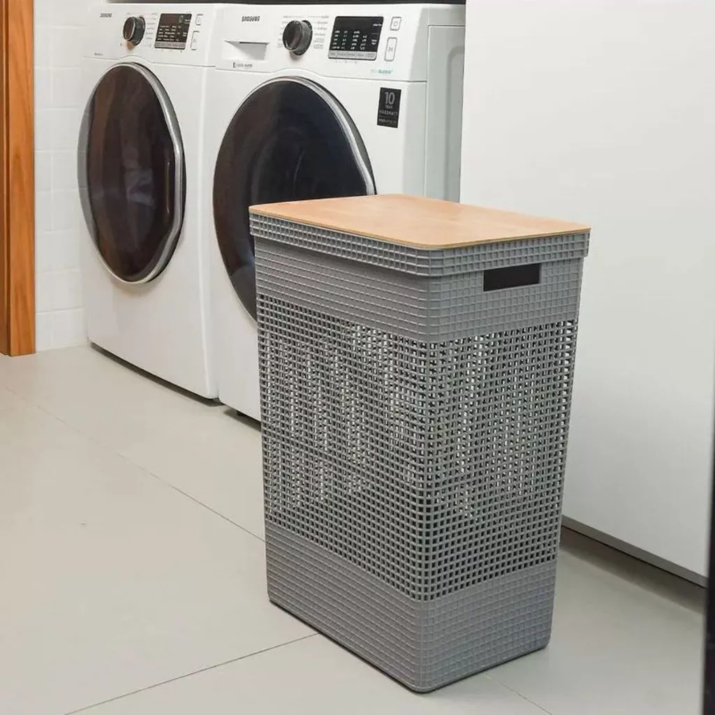 Cesto de Roupa Suja Tampa Bambu Grid 49L