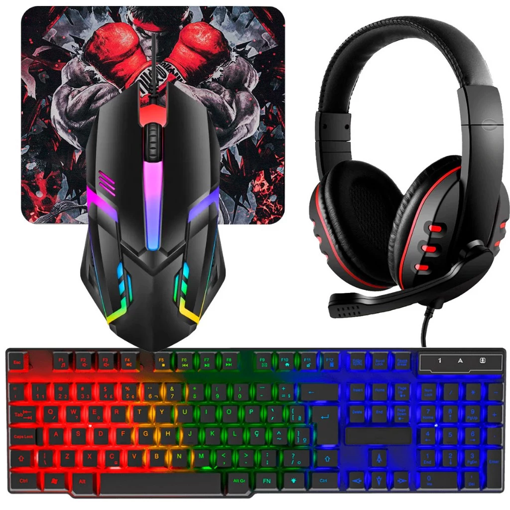 Kit Gamer RGB com Teclado Semi Mecânico, Mouse 1200 DPI e Headset com Microfone