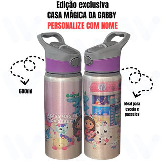 Squeeze/Garrafa Alumínio Personalizada COM NOME A Casa Mágica da Gabby 600ml + Caixinha Individual