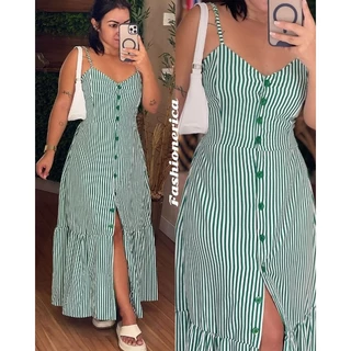 Vestido Longo De Alcinha Em Viscose Forrado Modelo Botão E Babado Listrado Elegante em Oferta na Shopee