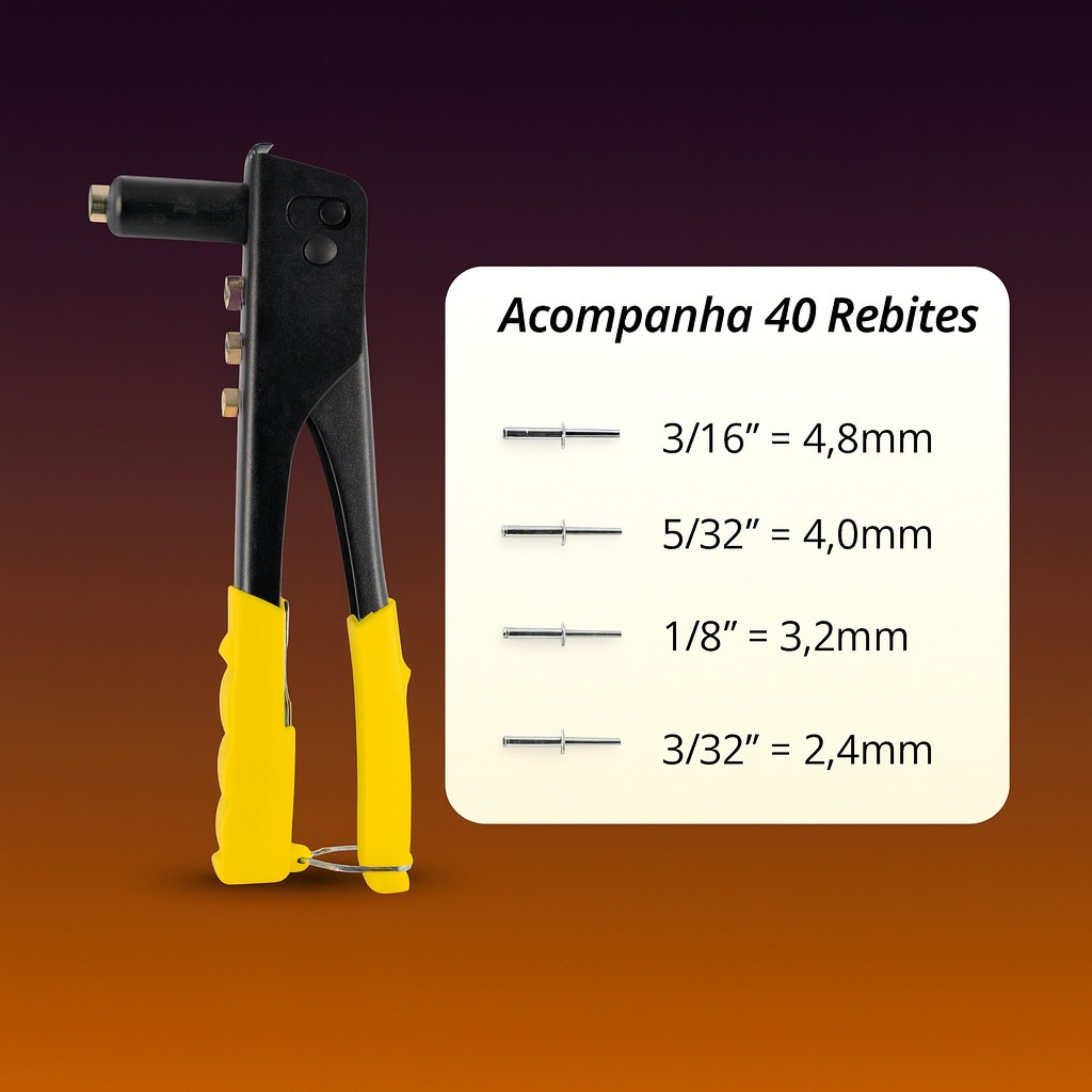 Rebitadeira Manual Profissional 4 Bicos Rebites + 40 Rebites Variados ...