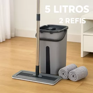 Flat Mop 2 Refis Esfregão com Balde 5 Litros Rodo Mágico Lava Seca Tira Pó