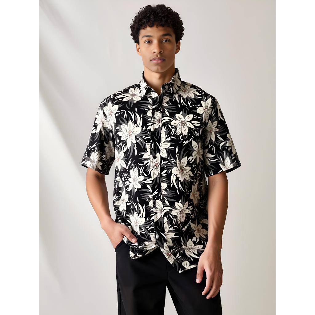 Mivada Camisa Masculina Manga Curta Estampa Floral Preta e Branca ...
