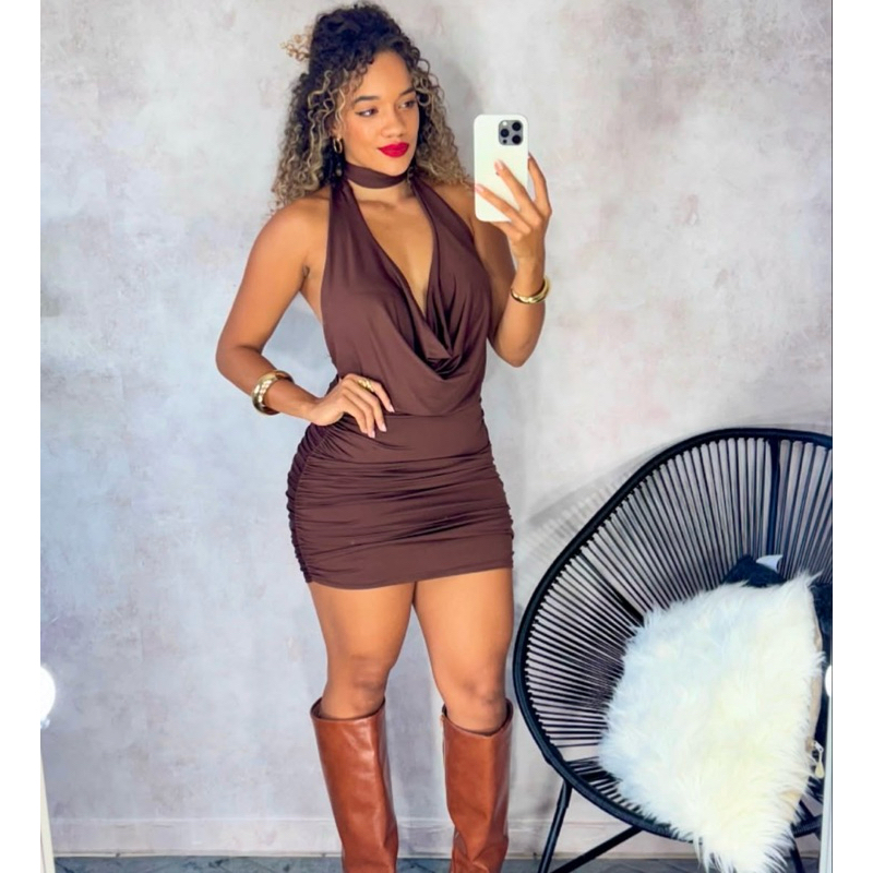Vestido Feminino Curto Amarração Gola boba Decote Profundo em V Drapeado nas Laterais