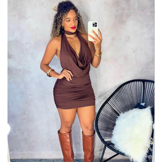Vestido Feminino Curto Amarração Gola boba Decote Profundo em V Drapeado nas Laterais