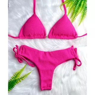 Biquini Cortininha Canelado Calcinha De Amarrar Fio Duplo Com Bojo Removível Texturizado e Ajustável em Oferta na Shopee