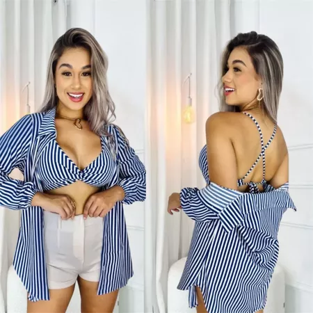 Conjunto Camisa com Cropped Listrado e Liso Feminino Tendência Moda 2025