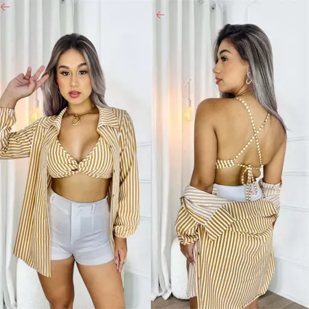 Conjunto Camisa com Cropped Listrado e Liso Feminino Tendência Moda 2025
