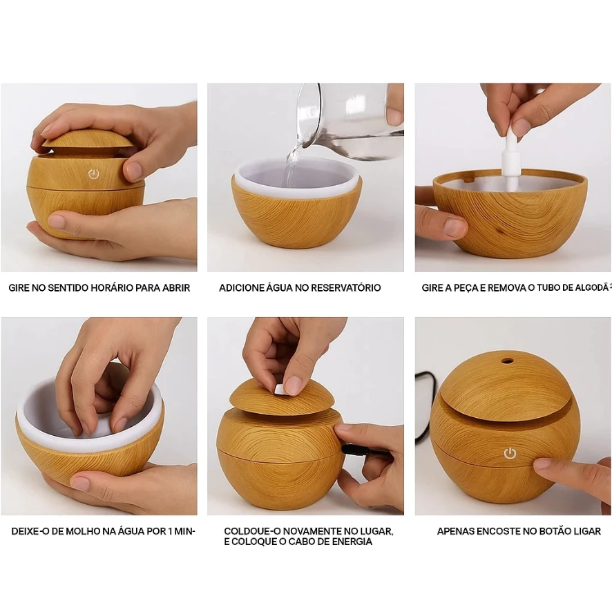 Aromatizador difusor de madeira clara com LED