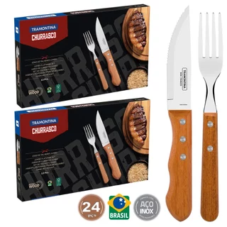 Faqueiro para Churrasco Tramontina Jumbo 24 Peças em Aço Inox e madeira Natural em Oferta na Shopee