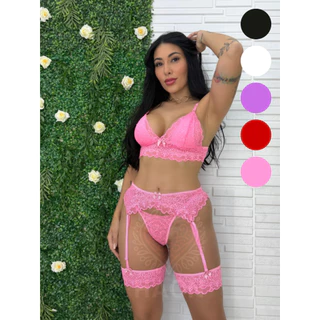 Lingerie Conjunto Luxo Sensual Trio Renda Cinta Liga Sexy Erótica + perneira + calcinha fio dental - P ao Plus Size