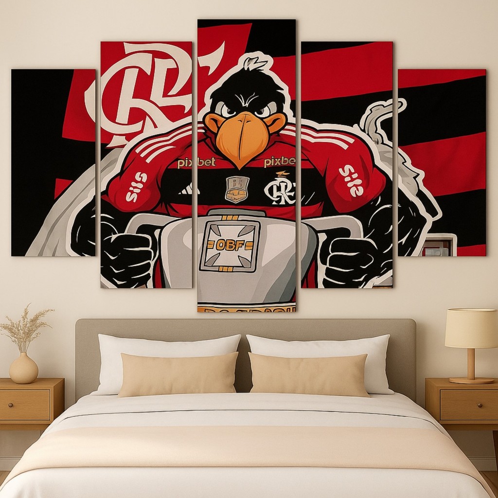 Quadro Decorativo Flamengo 5 Peças Urubu Mascote Mural MDF
