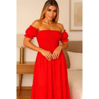 Vestido Longo Manga Vermelho Ciganinha  Liso Lastex Feminino Soltinho Moda Casual Elegante Evangélica Festa Casamento em Oferta na Shopee