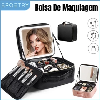 Bolsa De Maquiagem Com Espelho E Luz Led Organizador De Viagem