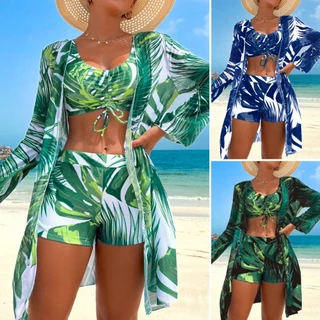 Conjunto De Biquíni Estampado Em Kimono De Manga Longa Como Maiô 3 Peças Para Mulheres