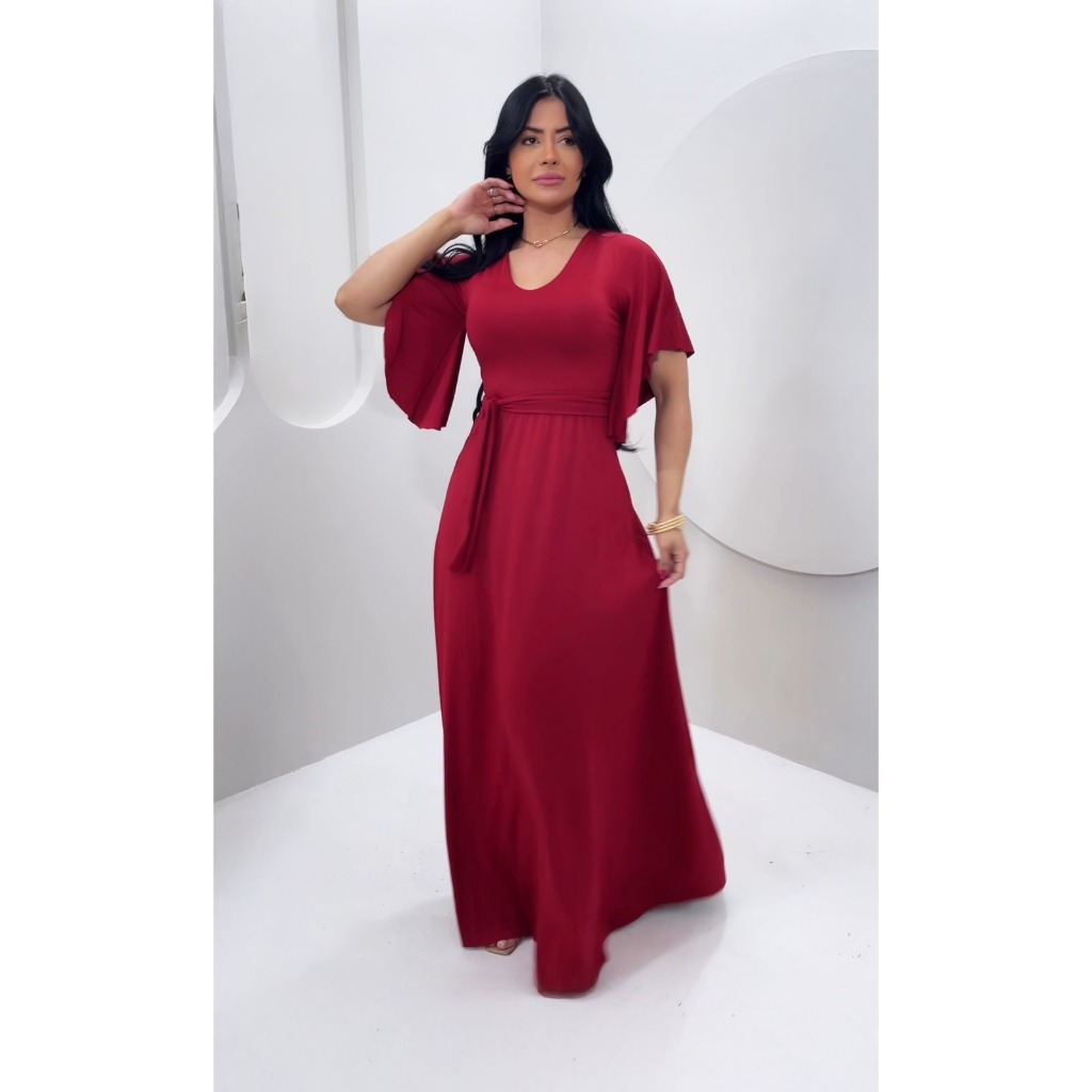 Vestido Longo Festa Madrinha Formatura Manga Sino Manga flare