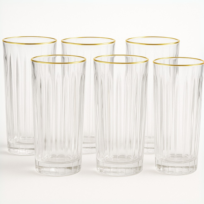 Jogo 6 Copos Altos Com Borda Dourada Em Vidro 370ml Bebidas