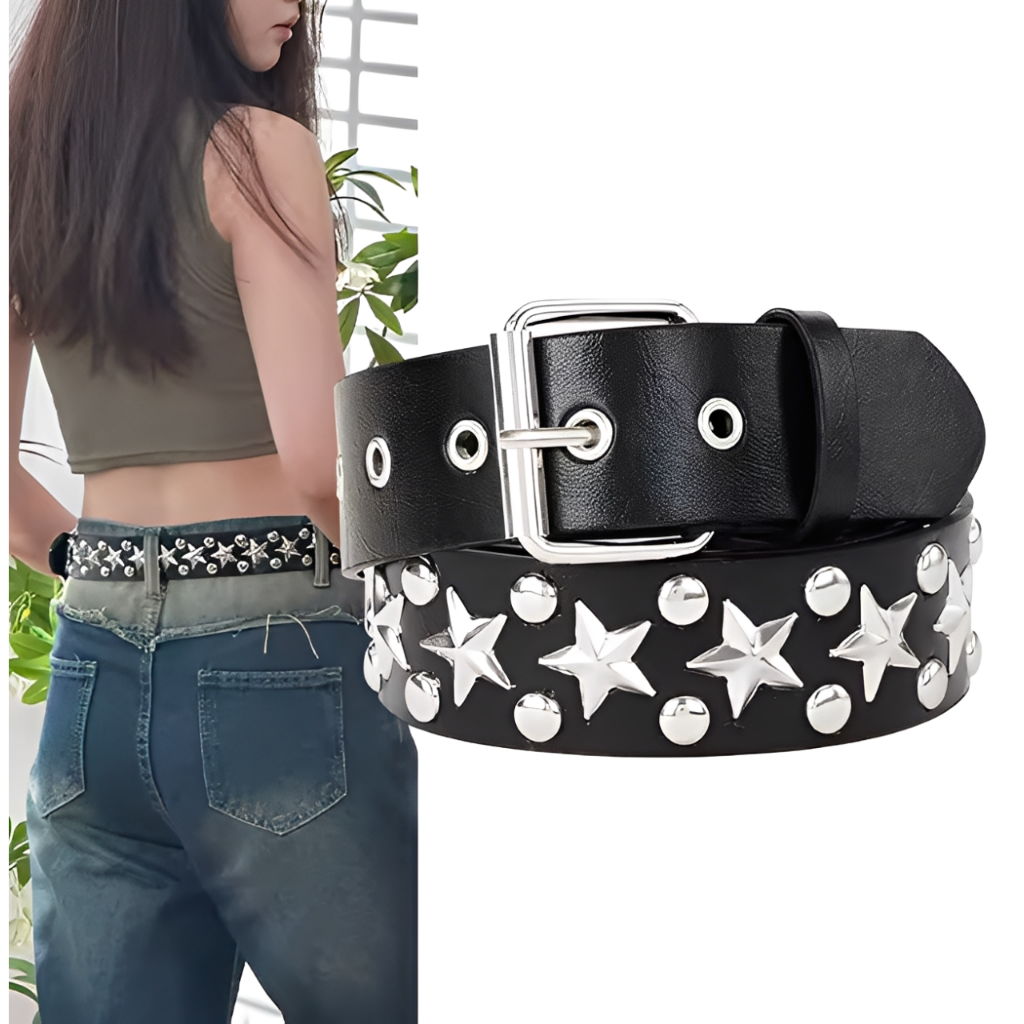 Cinto Feminino 1pc Preto Cravejado Estrela Prata Couro Sintético Com Ilhós