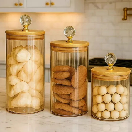 Potes herméticos de vidro canelado âmbar tampa bambu luxo p/ mantimentos c/ vedação