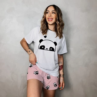 Pijama Curto De Manga Feminino Estampa Panda Rosa em Oferta na Shopee