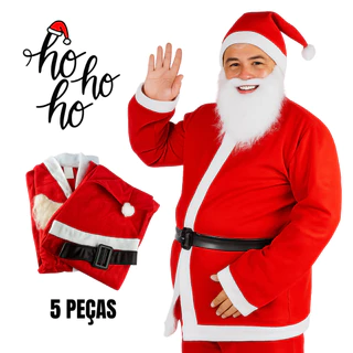 Roupa de Papai Noel Conjunto Adulto Completo Fantasia Natalina Alta Qualidade - 5 Peças