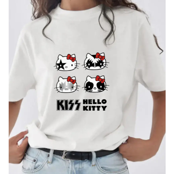 KISS Hello Kitty コラボTシャツ 半袖 Camiseta Hello Kiss Unissex Infantil Preta | 100% Algodão