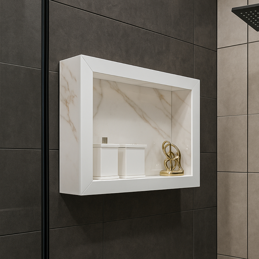 Nicho sobrepor porcelanato Calacata Gold banheiro box 36x47x10 C/ Kit ...