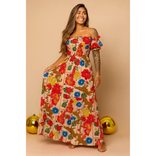 Vestido Longo Estampado Manga Ciganinha Lastex Feminino Soltinho Moda Casual Elegante Evangélica Festa Casamento em Oferta na Shopee