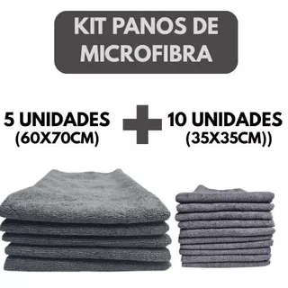 KIT 5 Pano de Chão Microfibra Mágico 60x70cm + 10 Pano de Chão Microfibra Mágico 35x35cm para Limpeza Geral CINZA