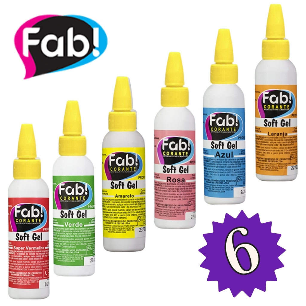 6 CORANTES ALIMENTÍCIO SOFT GEL DE 25G AMARELO LARANJA AZUL 