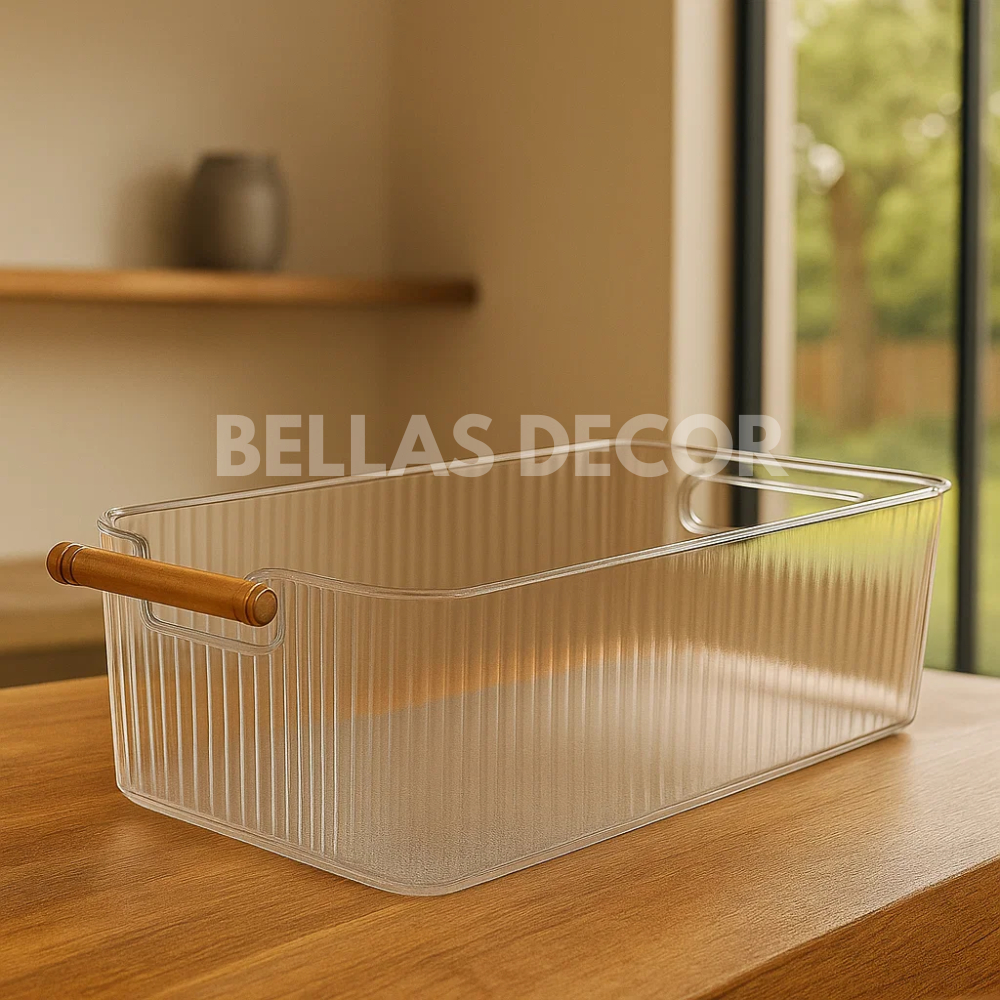 Cesto Organizador de Acrílico Transparente com Alça de Bambu – Cozinha, Banheiro e Escritório | Shopee Brasil