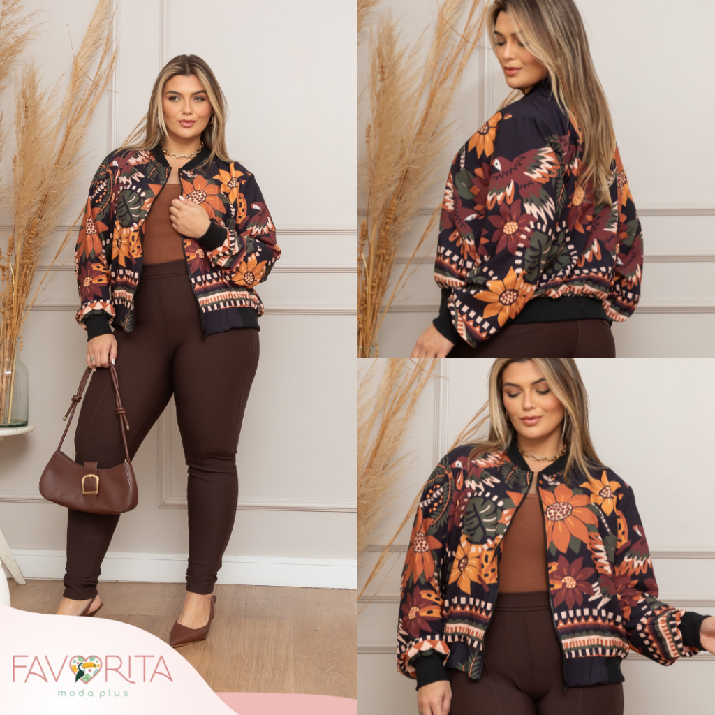 Jaqueta Bomber Plus Size Inspiração Estampa Tropical Corta Vento