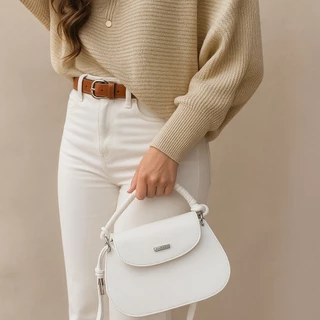 Bolsa Transversal Feminina com Alça de Corda 👜✨ – Estilo Boho em Branco, Caramelo & Preto