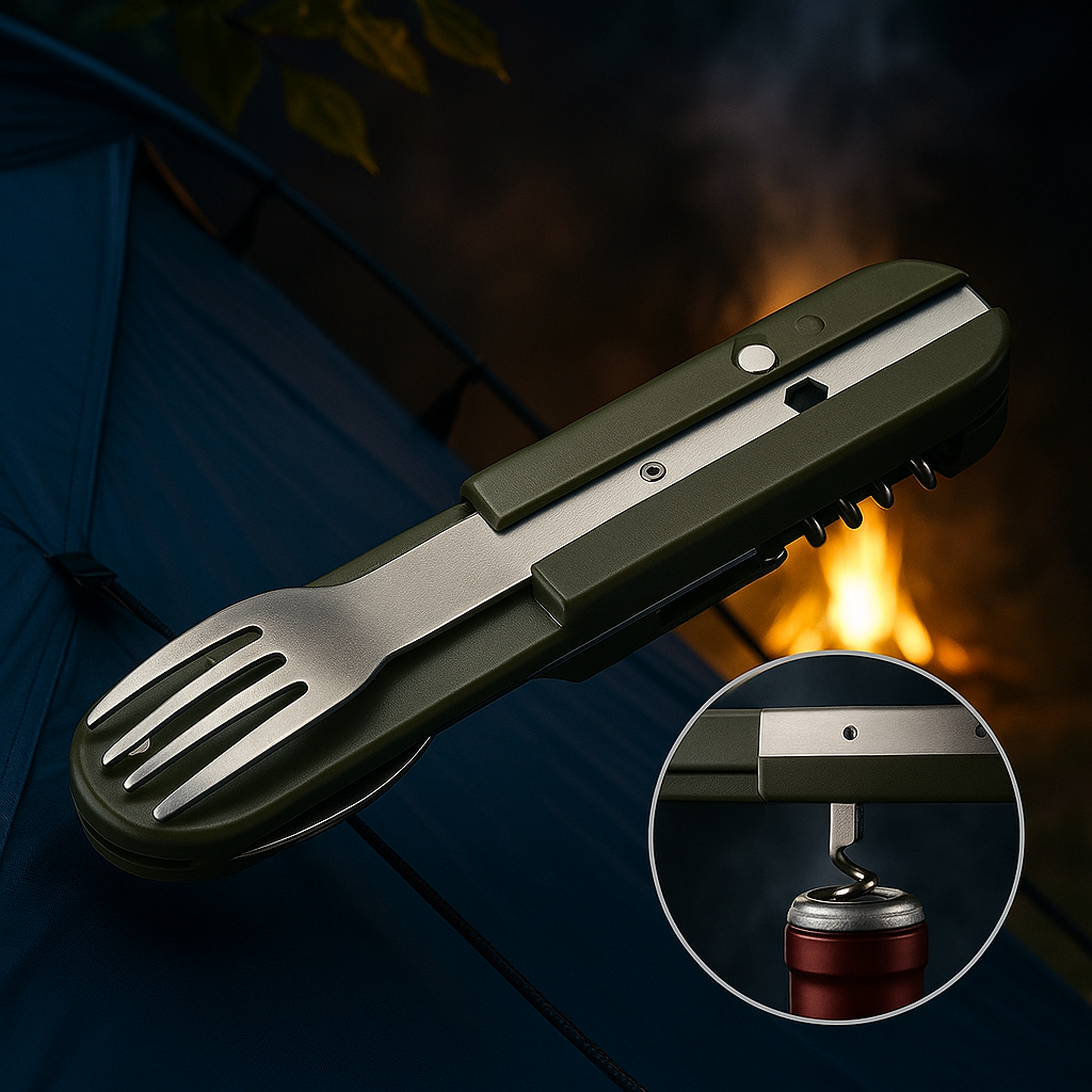 Canivete Multifuncional Garfo Colher Faca Abridor Feito Em Inox Trilha Camping Amazonas