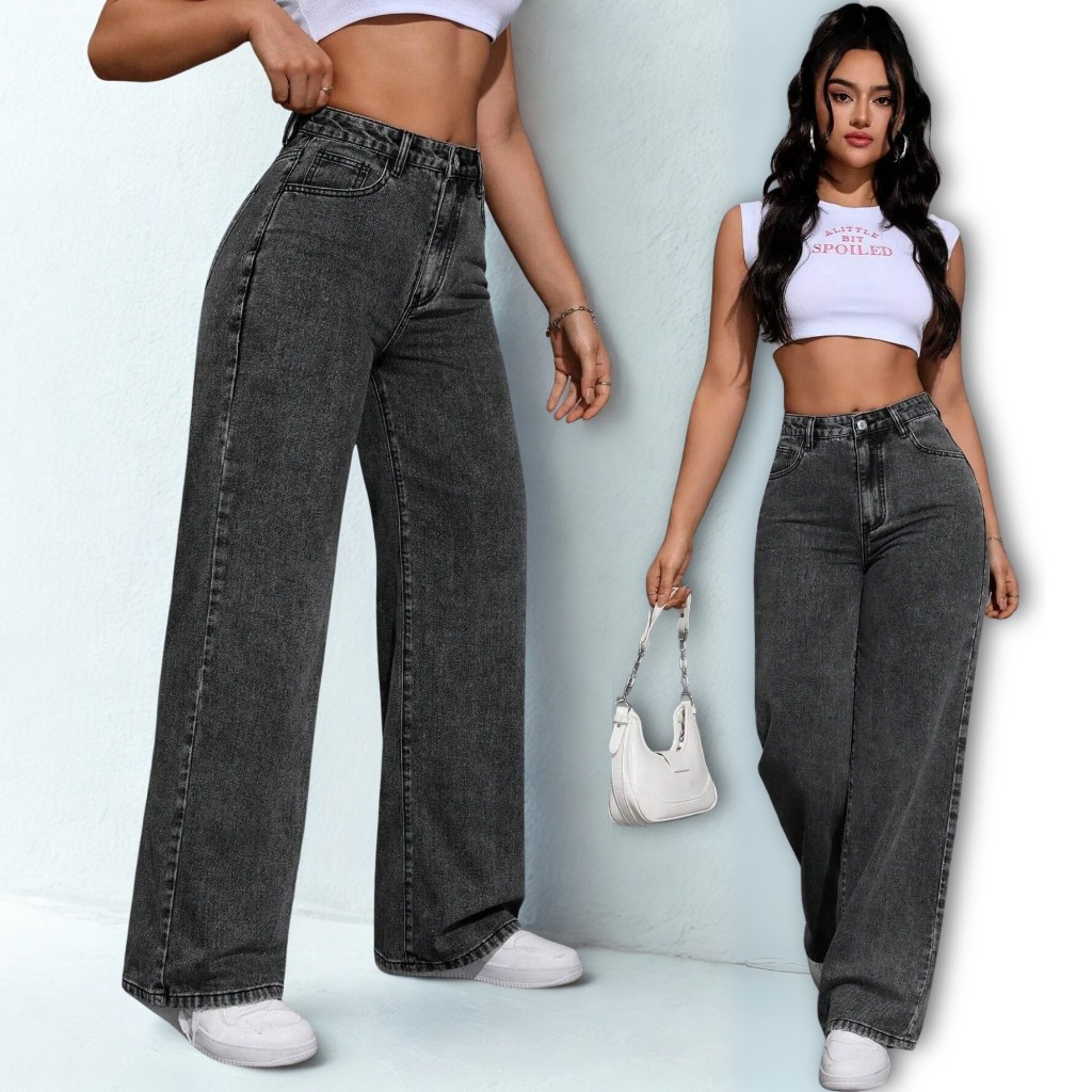 Calça Jeans Wide Leg Marmorizada Grafite Cintura Alta Levanta Bumbum 34 ...