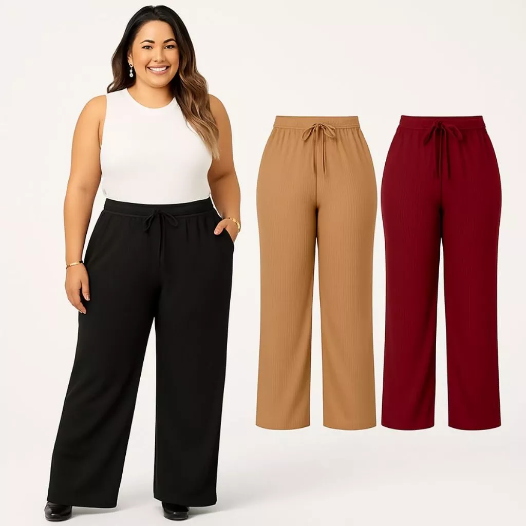 Calça Pantalona Feminina Plus Size Canelada
