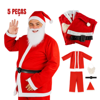 Roupa de Papai Noel 5 Peças Adulto Fantasia Completa (Gorro, Barba, Calça, Cinto e Casaco)