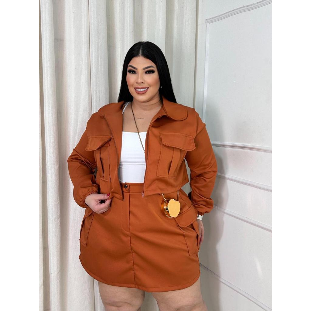 Conjunto Lançamento Feminino Plus Size Saia Cargo e Jaqueta Casaco Confortável Luxxo