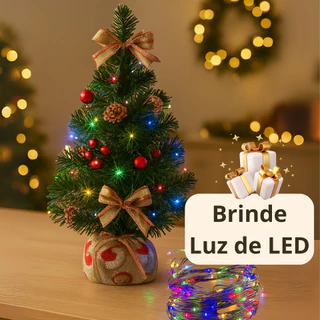 Kit Mini Árvore de Natal Pinheiro Verde Decorada Fio de Fada com Pinha Frutinhas Laço Enfeite Mesa