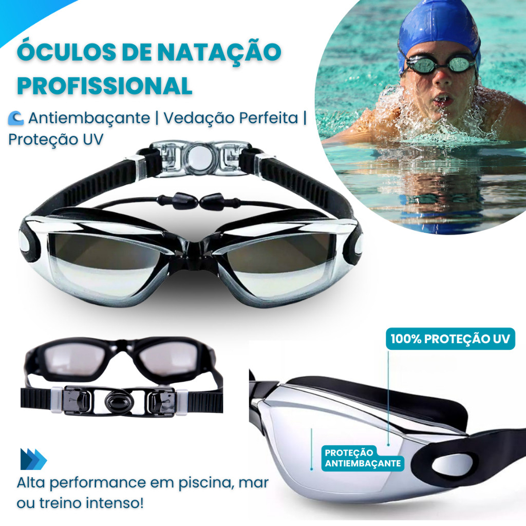 Óculos de Natação Profissional Espelhado Antiembaçante UV com Protetor ...