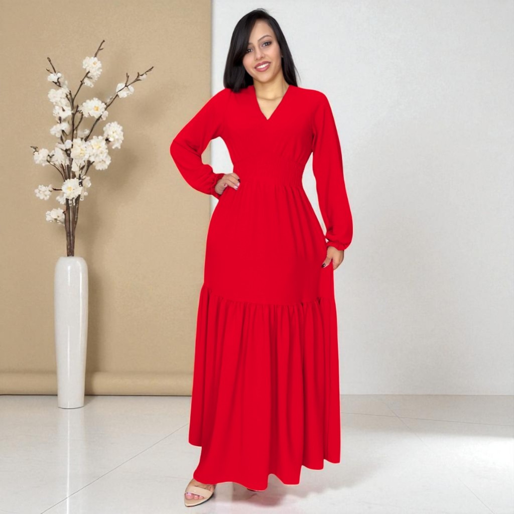 Vestido Longo Feminino Formatura Chique Soltinho Gola V Shopee