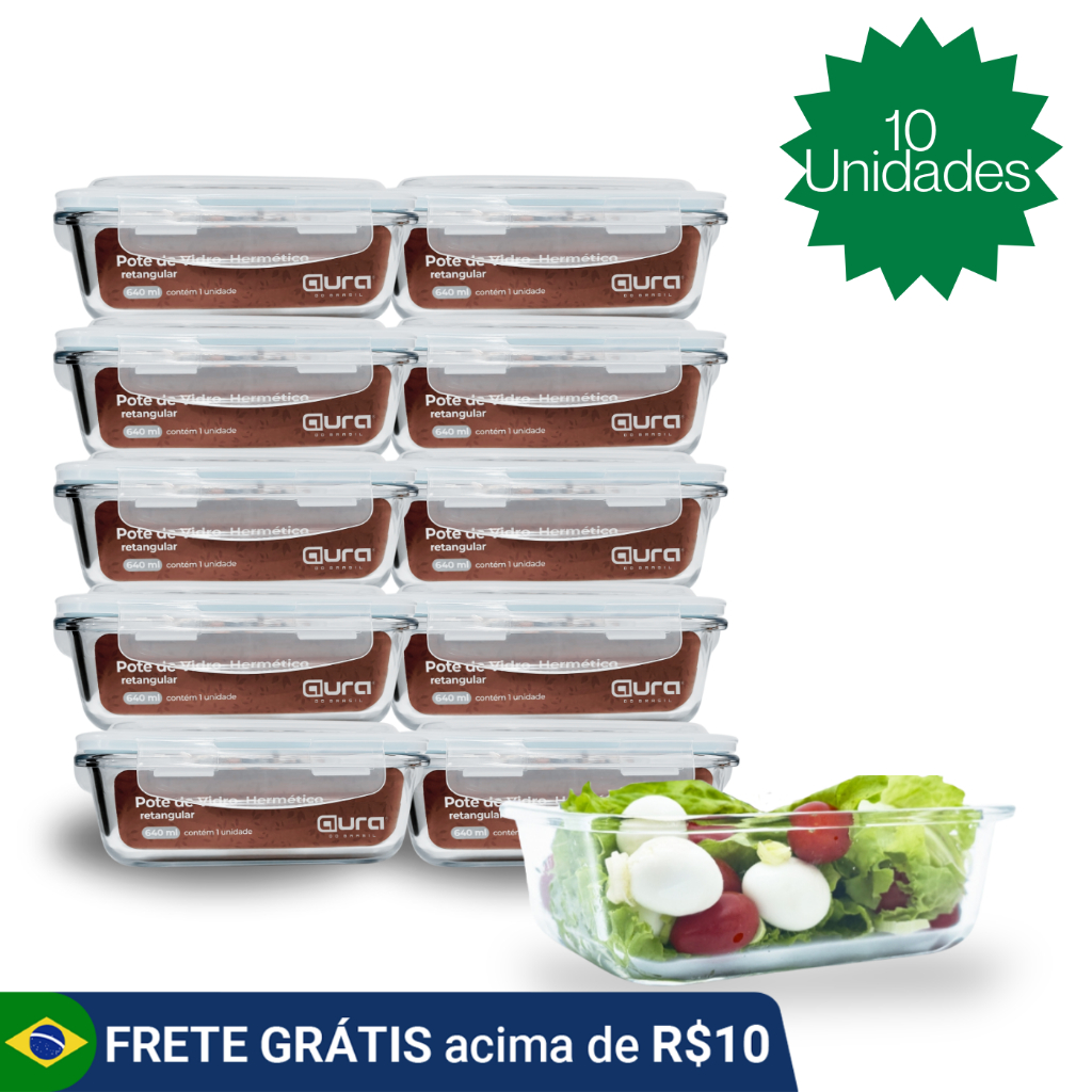 Conjunto 10 Potes 640ml Vidro Hermético 4 Travas Marmita Alimento