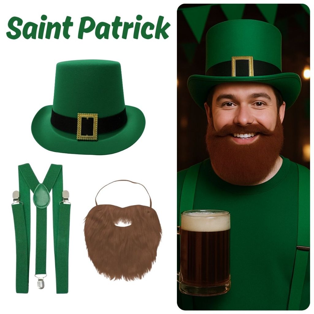 Fantasia Saint Patrick's Day Leprechaun Duende Cartola Barba Falsa Suspensório Alemão São Patrício