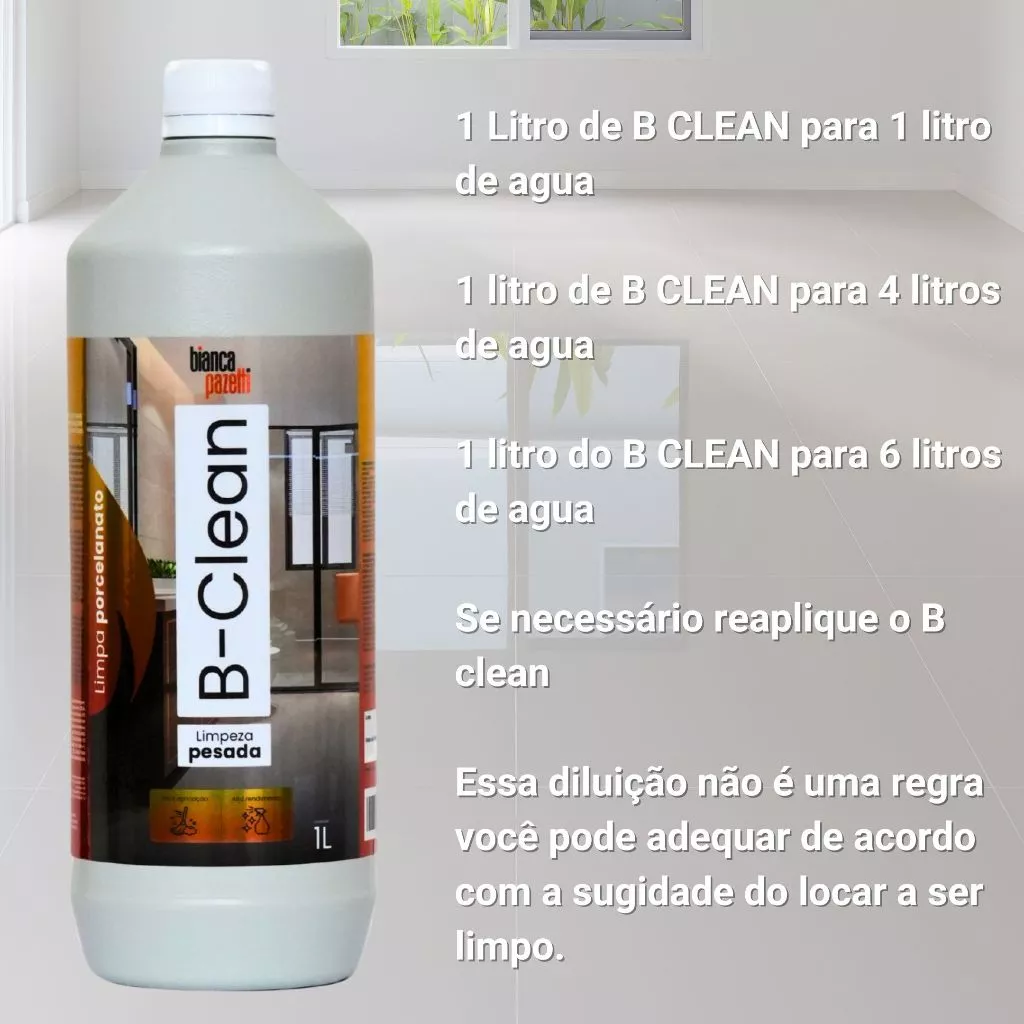 Infográfico sobre as opções de diluição do B-Clean 1L para limpeza