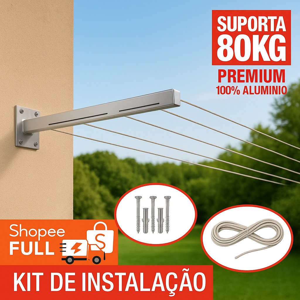 Varal Retrátil Parede 100% Alumínio Suporte Resistente até 80kg - Envio Imediato