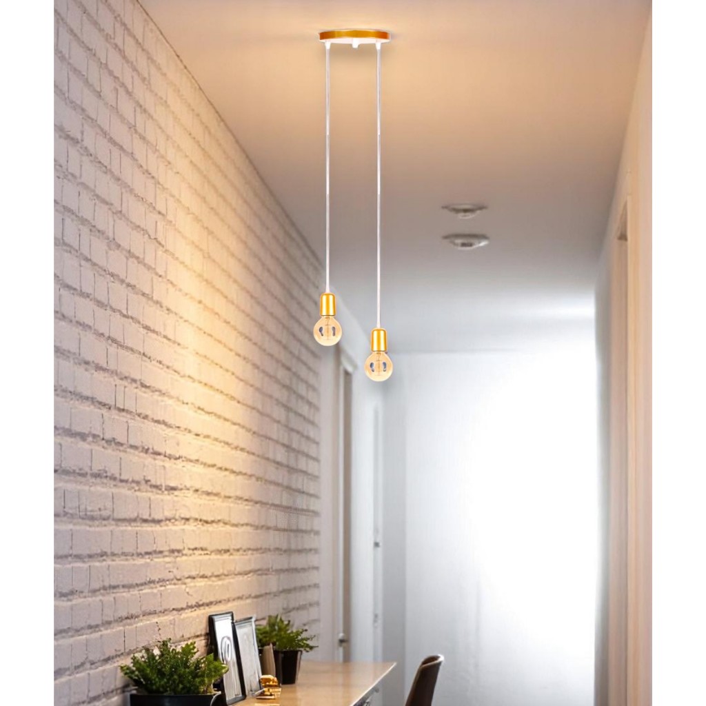 Pendente Luminária de Teto Lustre Base Dupla E-27 Industrial Aramado Sala Quarto Escritório