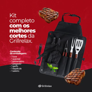 Kit Churrasco Completo 7 Peças Avental Espátula Pegador Luva Saleiro Garfo Aço Inox Grillrelax