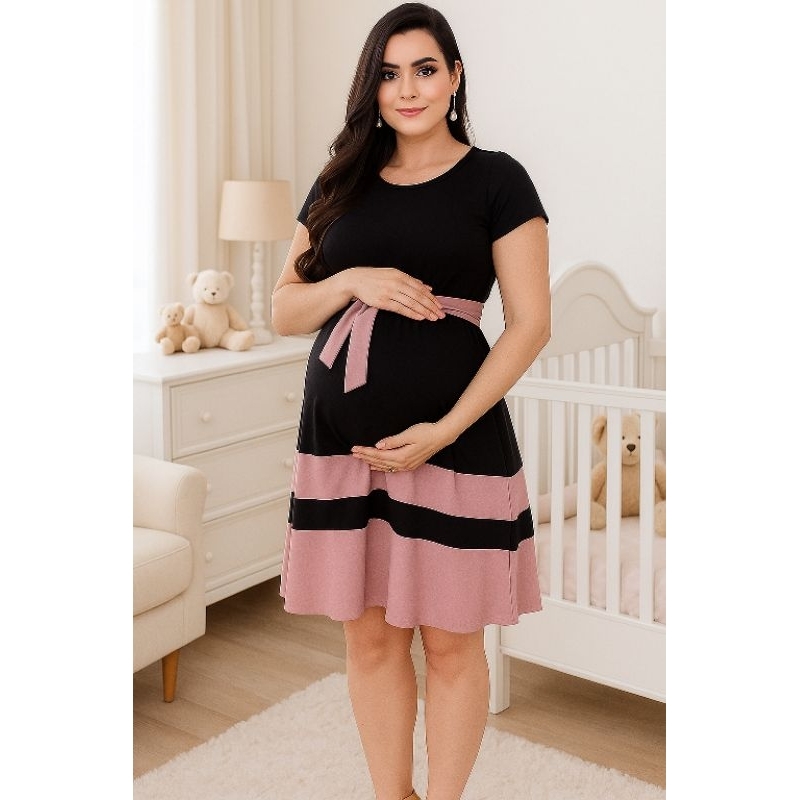 Vestido Gestante Soltinho Midi Godê Delicado com Cinto Malha
