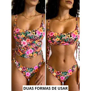Conjunto de Biquíni 2 em 1 regata que vira faixa tecido toque frio com calcinha asa delta fio duplo moda praia em Oferta na Shopee